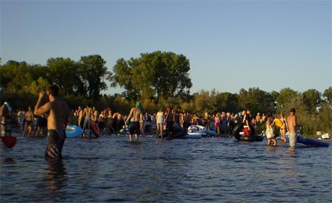 River Floaters Party on Beer Can Beach during Labor Day weekend near Chico Beer Can Beach